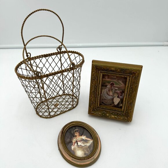 Vintage Wire Basket & Miniature Framed Art Set - Picture 1 of 2